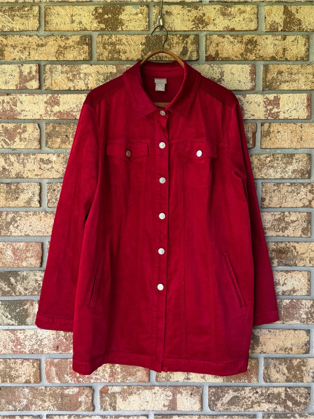 Chico's Red Elongated Velveteen Jacket Women’s Size 3 OR 16/18 Stunning!